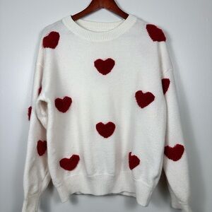 Cozy White Sweater with Red Heart Accents valentines